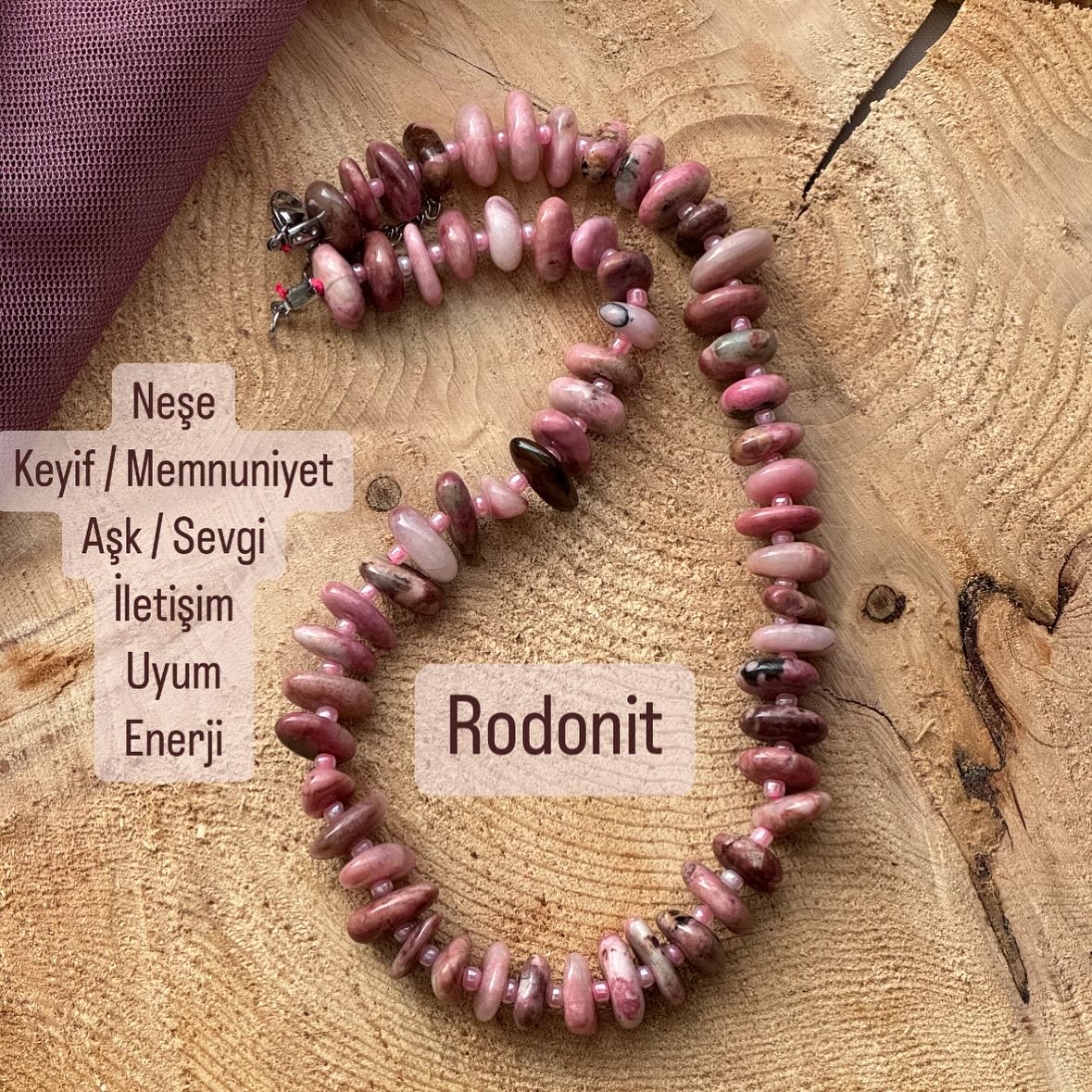 Rodonit Rondel Kesim Doğal Taş Kolye