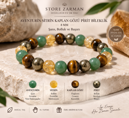 Aventurin, Sitrin, Kaplan Gözü ve Pirit 8 MM doğal taş bileklik
