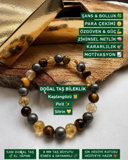 Kaplan Gözü, Pirit ve Sitrin 8 MM doğal taş bileklik