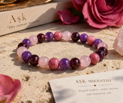 Pembe Kuvars, Rodonit, Granat ve Ametist Aşk Mıknatısı 8 MM doğal taş bileklik