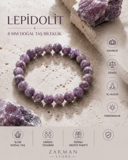 Mor Lepidolit taşı 8 MM doğal taş bileklik