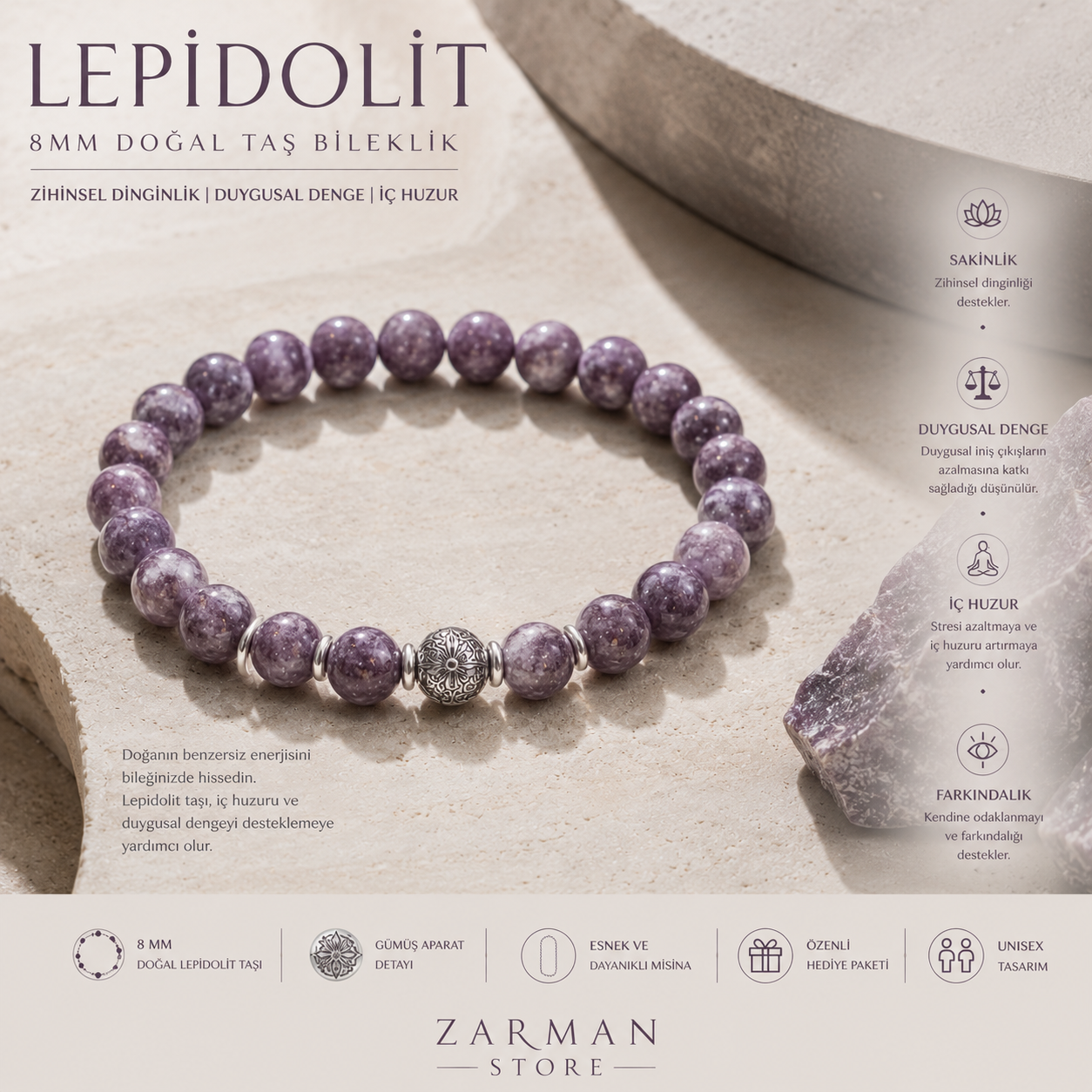 lepidolit-gumus-bileklik Mor Lepidolit taşı 8 MM gümüş aparatlı doğal taş bileklik