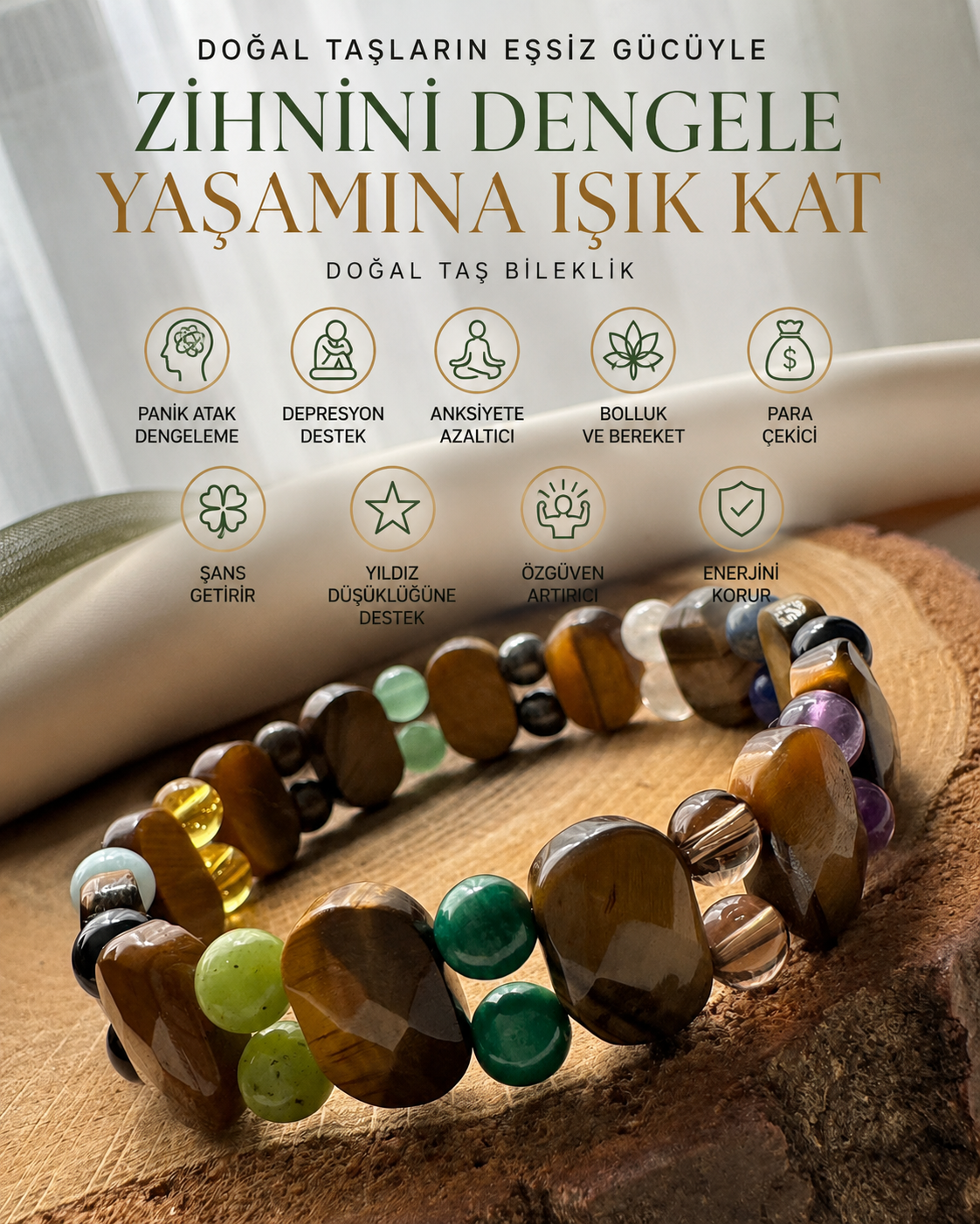 panik atak bilekliği NAZAR / VESVESE / KORUMA DOĞAL TAŞ BİLEKLİK - Rolex Kesim - Görsel 1